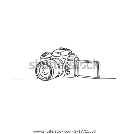 A continuous line drawing of a digital slr camera on a white background