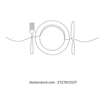 Un dibujo de línea continua de un plato de cena flanqueado por un tenedor y un cuchillo en un estilo gráfico minimalista.