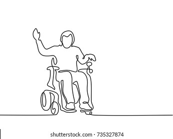 Continuous line drawing. Disabled man on electric wheelchair enjoy with moving. Vector illustration total editable, choose thickness and place of line