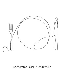 Continuous Line Drawing dish with spoon and knife, top view. Trendy one line draw design vector illustration, 
food and cuisine theme