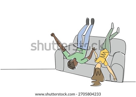 Continuous line drawing of a diverse couple hanging upside down off a sofa, holding hands in a playful and carefree moment, symbolizing joy and fun in a relationship. National Loving Day event of joy