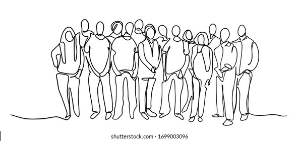 continuous line drawing of a diverse crowd of standing people Group of people continuous one line vector drawing. Family, friends hand drawn characters. Crowd standing at concert, meeting. Women and m