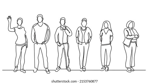 continuous line drawing of diverse group of standing people