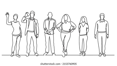 continuous line drawing of diverse group of standing people