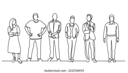 continuous line drawing of diverse group of standing people