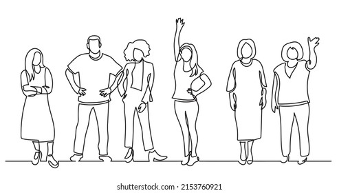 continuous line drawing of diverse group of standing people