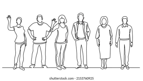 continuous line drawing of diverse group of standing people