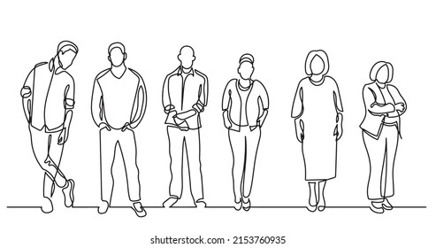 continuous line drawing of diverse group of standing people