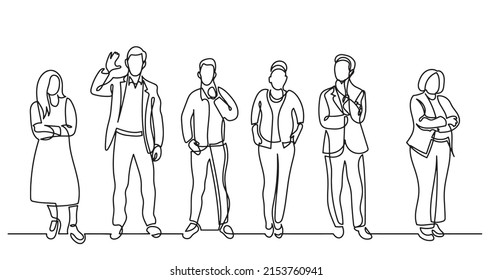continuous line drawing of diverse group of standing people