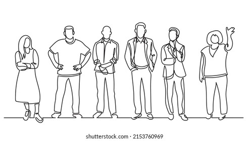 continuous line drawing of diverse group of standing people