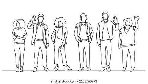 continuous line drawing of diverse group of standing people