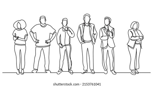continuous line drawing of diverse group of standing people