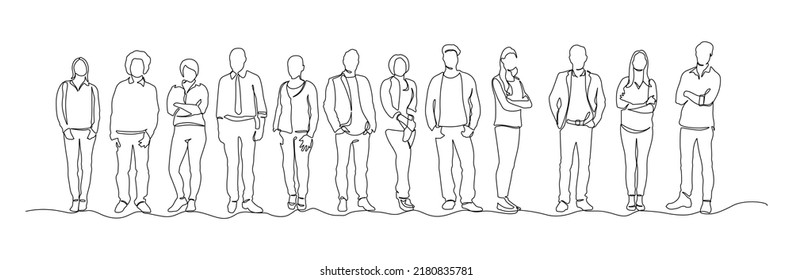 Continuous line drawing of diverse group of standing people. continuous line drawing of group of various positive diverse people standing in a row