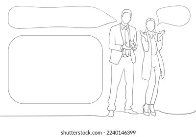 Continuous line drawing of a diverse group of standing people with chat for text on white background. Business team - continuous line drawing