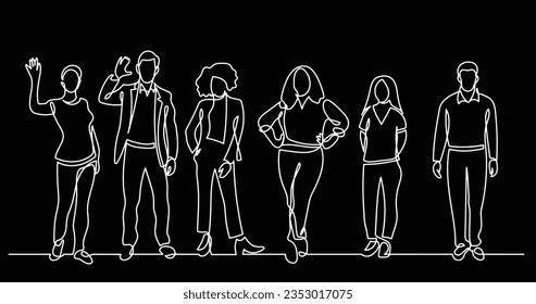 trazado continuo de líneas de diversos grupos de personas de pie