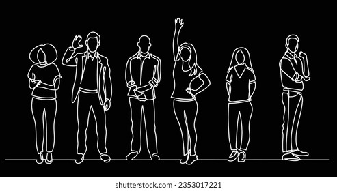 continuous line drawing of diverse group of standing people