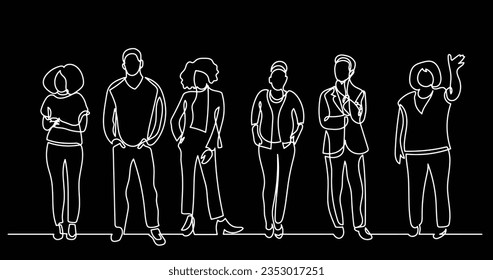 continuous line drawing of diverse group of standing people
