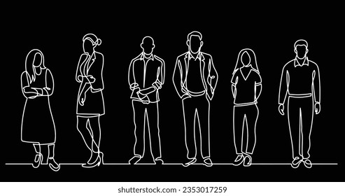 continuous line drawing of diverse group of standing people