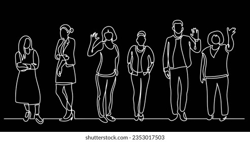 trazado continuo de líneas de diversos grupos de personas de pie