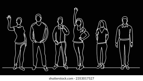 continuous line drawing of diverse group of standing people