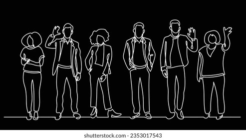 trazado continuo de líneas de diversos grupos de personas de pie