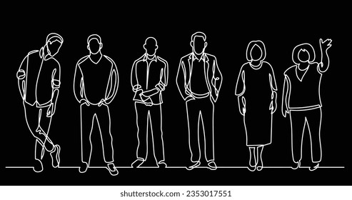 continuous line drawing of diverse group of standing people