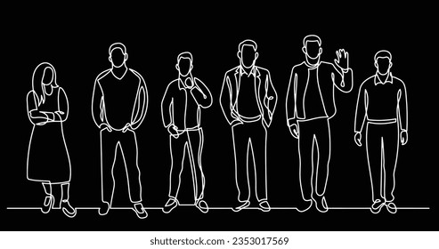 continuous line drawing of diverse group of standing people