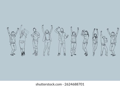Continuous line drawing of diverse group of standing people. continuous line drawing of jumping happy team members.