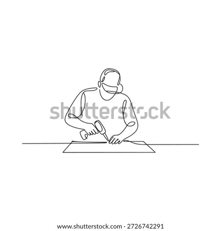 Continuous line drawing of a dj mixing music on turntables