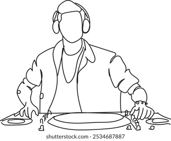Dibujo de línea continuo de un DJ que juega en un club, Vector, arte de línea