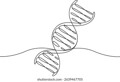Continuous line drawing of DNA double helix, black and white minimalist scientific sketch with spiral structure and genetic details

