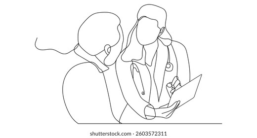 Continuous line drawing of doctor activities, medicine, patient, doctor, healthcare. Hand drawn single line vector illustration