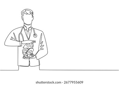 Continuous line drawing of a doctor analyzing brain health, symbolizing medical diagnosis, awareness, and healthcare support on World Brain Tumor Day for patients, research, and global education.