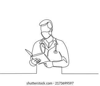 Continuous line drawing of a doctor character with a stethoscope and clipboard. concept of doctor giving advice. Professional consultation and recommendation in doodle style