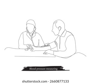 Dibujo continuo de la línea del médico que comprueba la presión arterial