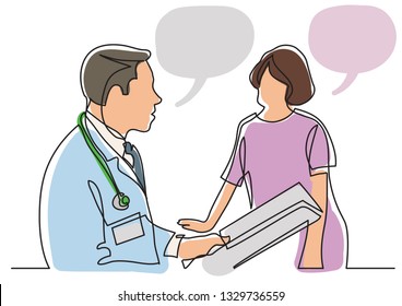 continuous line drawing of doctor consults with patient