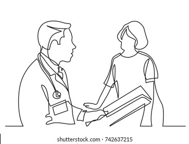 continuous line drawing of doctor consults with patient