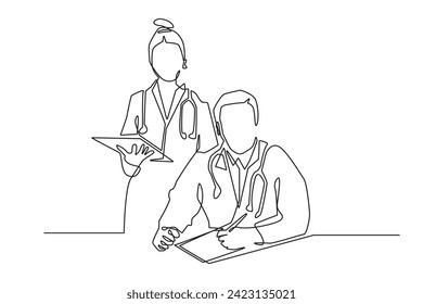 continuous line drawing of doctor and doctor's assistant. vector single line art of doctor accompanied by assistant. isolated on white background