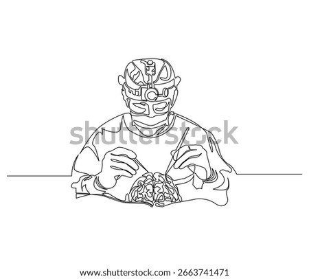 Continuous line drawing of a Doctor doing brain surgery. Single line illustration of a Doctor doing brain surgery. Medical ConceptEditable outline
