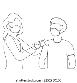
continuous line drawing of doctor injecting vaccine into patient