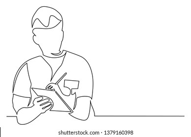 Continuous line drawing doctor makes an entry in a notebook