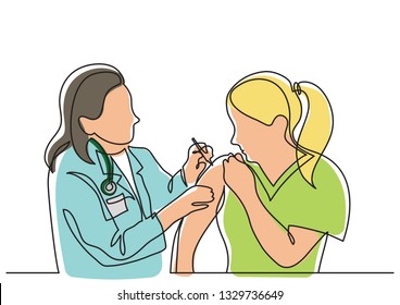 continuous line drawing of doctor making vaccination shot to woman