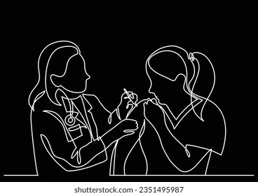 continuous line drawing of doctor making vaccination shot to woman