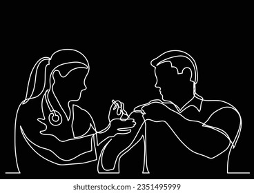 continuous line drawing of doctor making vaccination shot to man