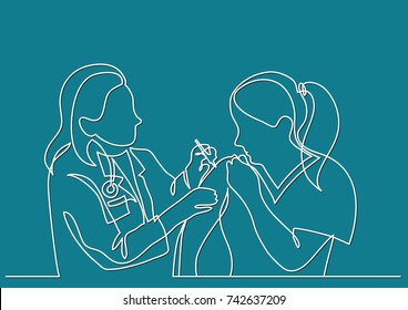 continuous line drawing of doctor making vaccination shot to woman