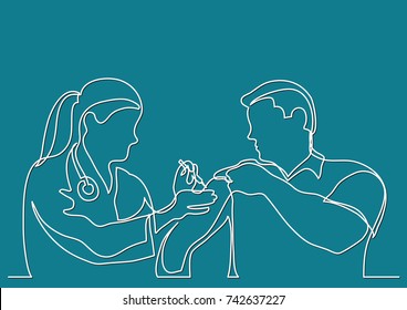 continuous line drawing of doctor making vaccination shot to man