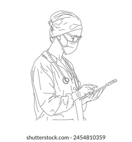 Dibujo de línea continua de doctor. Una línea de doctor. Dibujo simple. Esquema editable.