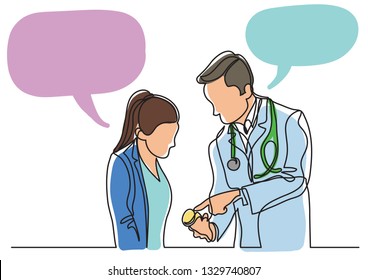 continuous line drawing of doctor and patient talking about medication