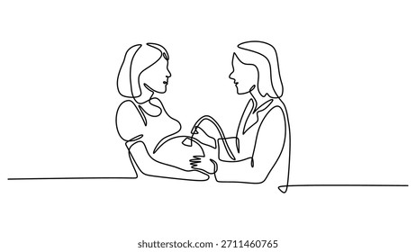 Dibujo de línea continua de un médico que realiza una ecografía. Un concepto de atención médica y maternidad. Ilustración vectorial con trazo editable.