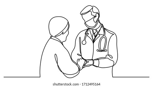 continuous line drawing of doctor in protective mask talking to senior patient in mask